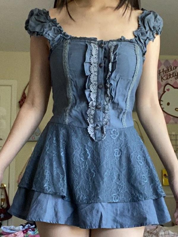 CD | Rochie mini din dantelă patchwork cu bretele în dungi