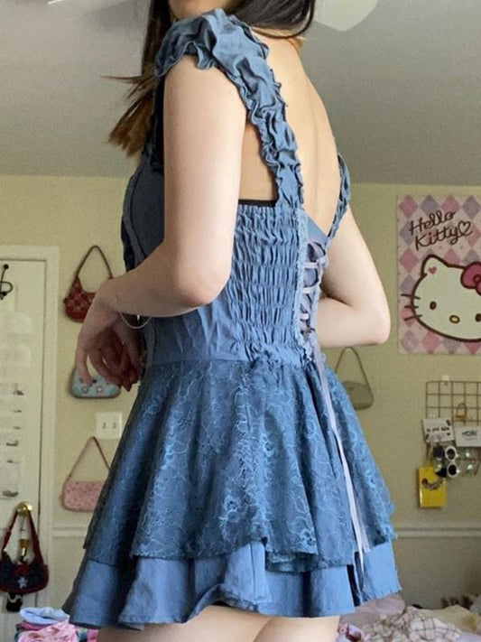 CD | Rochie mini din dantelă patchwork cu bretele în dungi