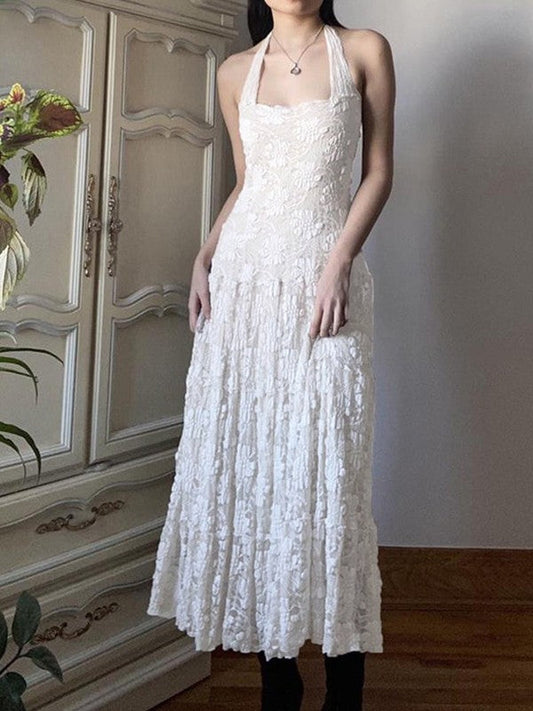 CD | Rochie maxi albă cu dantelă florală și halter