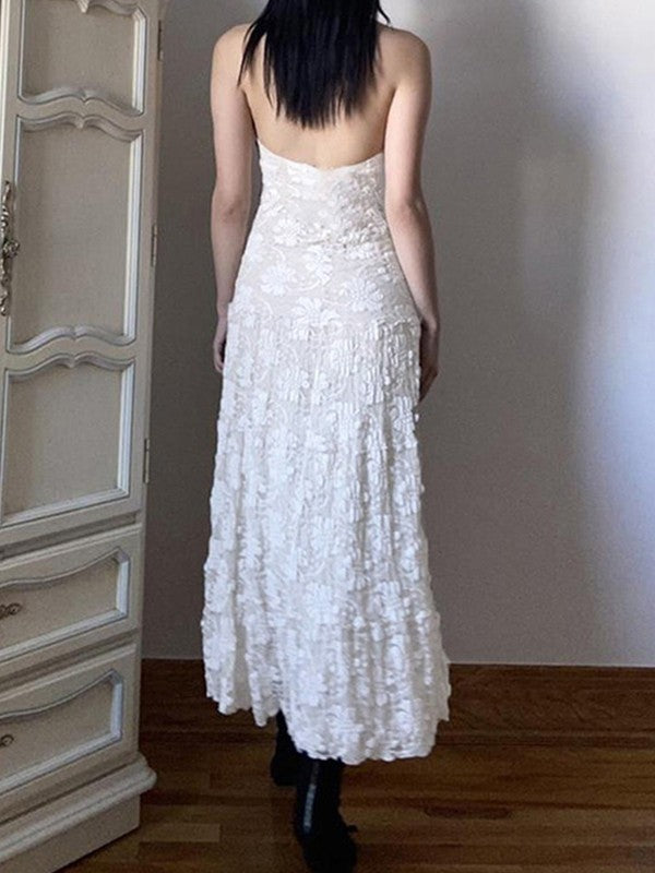 CD | Rochie maxi albă cu dantelă florală și halter