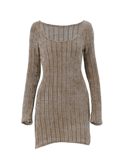 CD | Rochie mini vintage maro cu mânecă lungă și pulover