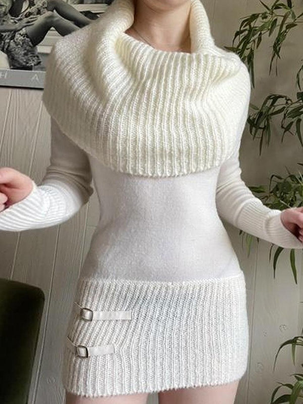 CD | Alb guler cu mânecă lungă jumper mini rochie