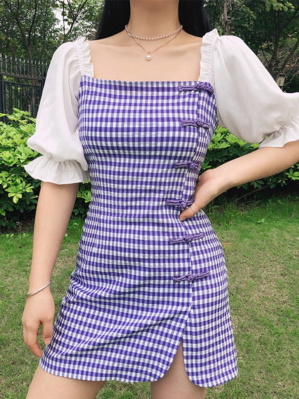 CD | Rochie mini în carouri patchwork cu mâneci bufante