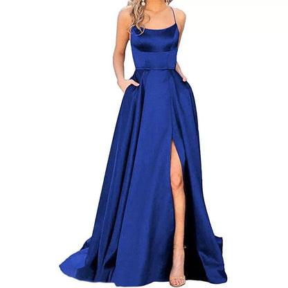 CD | Rochie maxi pentru femei - Top slim fit - Fustă fluidă - Bretele spaghetti - Fantă laterală