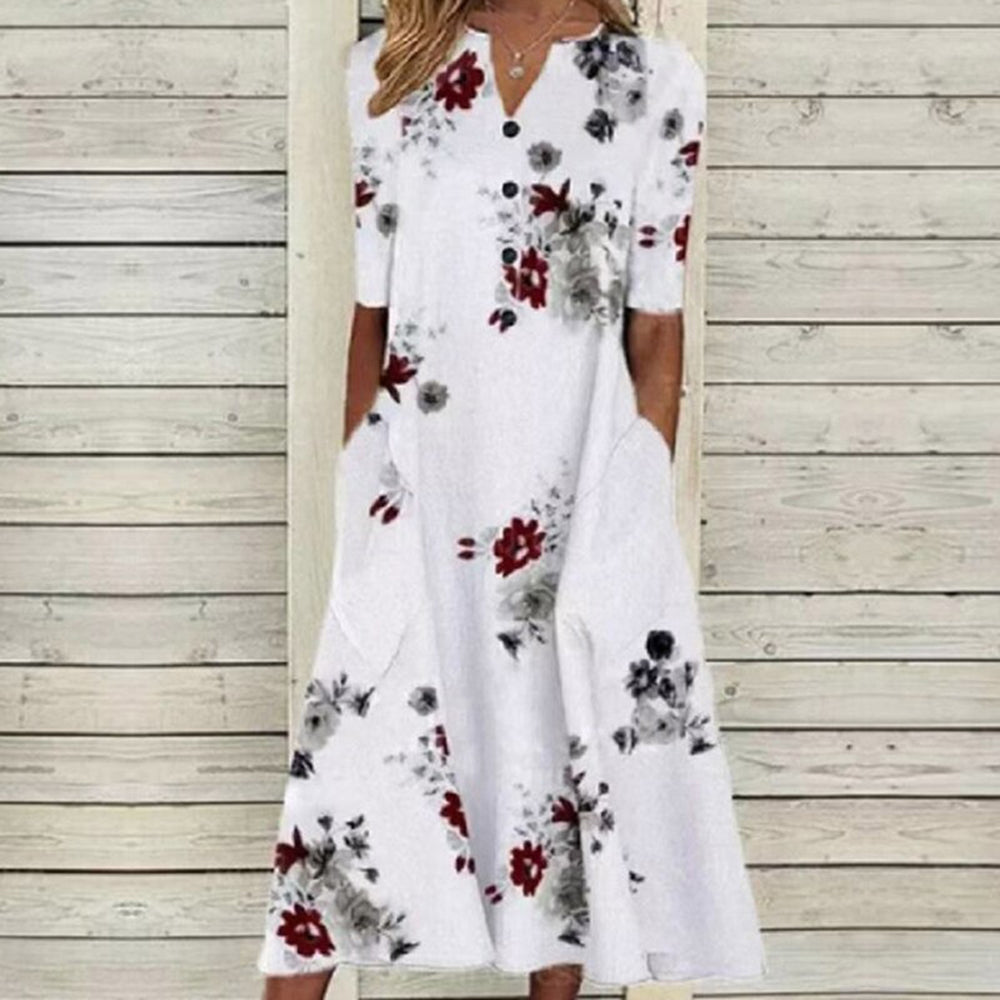 CD | Rochie midi pentru femei - decolteu în V - butonieră - mâneci scurte - imprimeu floral cu fluturi - buzunare