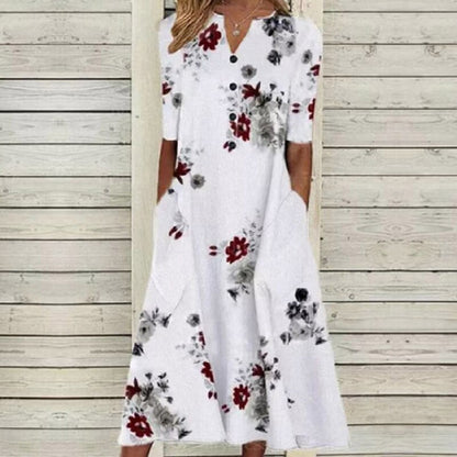 CD | Rochie midi pentru femei - decolteu în V - butonieră - mâneci scurte - imprimeu floral cu fluturi - buzunare