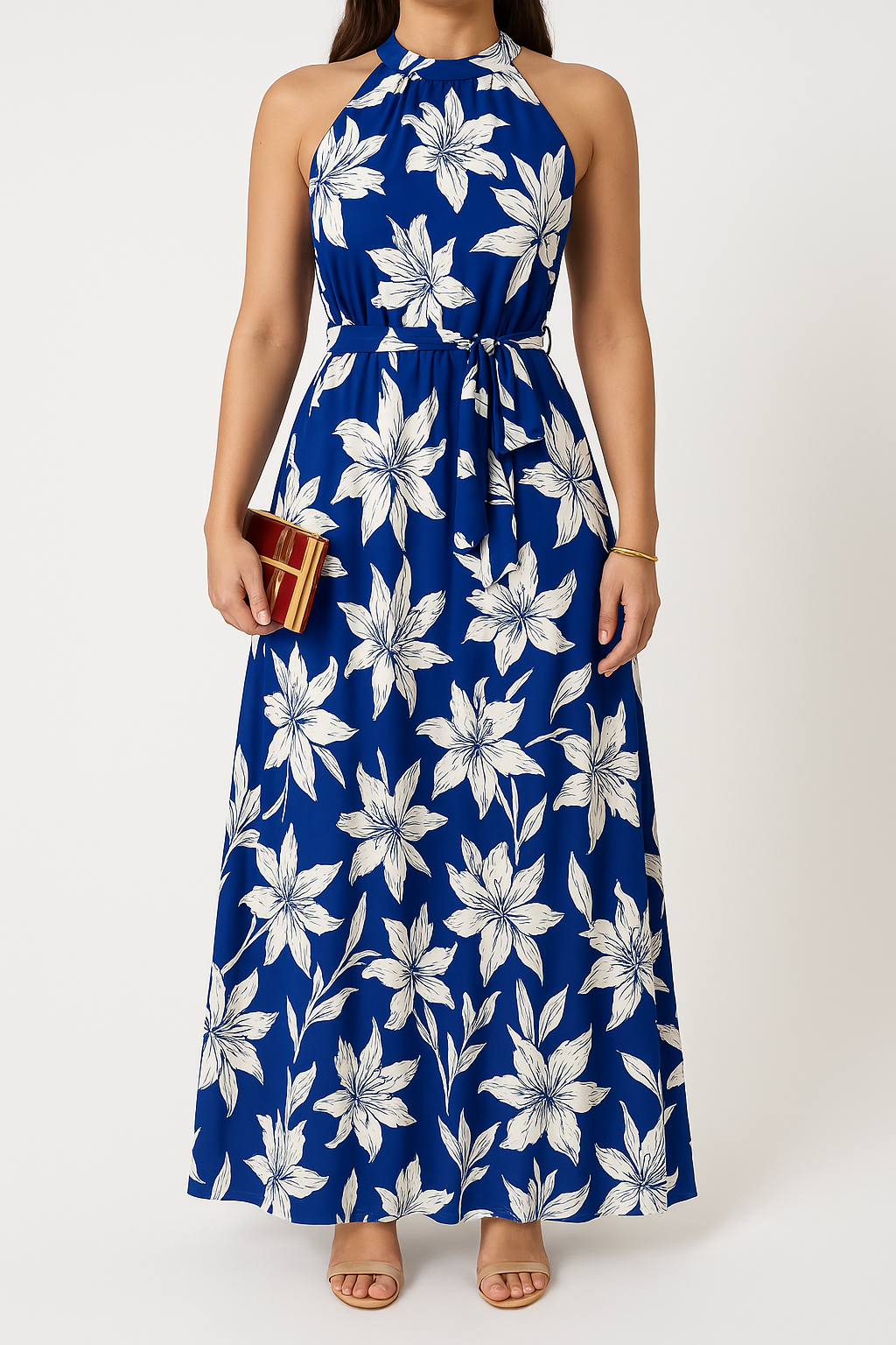 CD | Ladies Halter rochie maxi - imprimeu floral - tiv adunat - cravată în talie - ținută elegantă