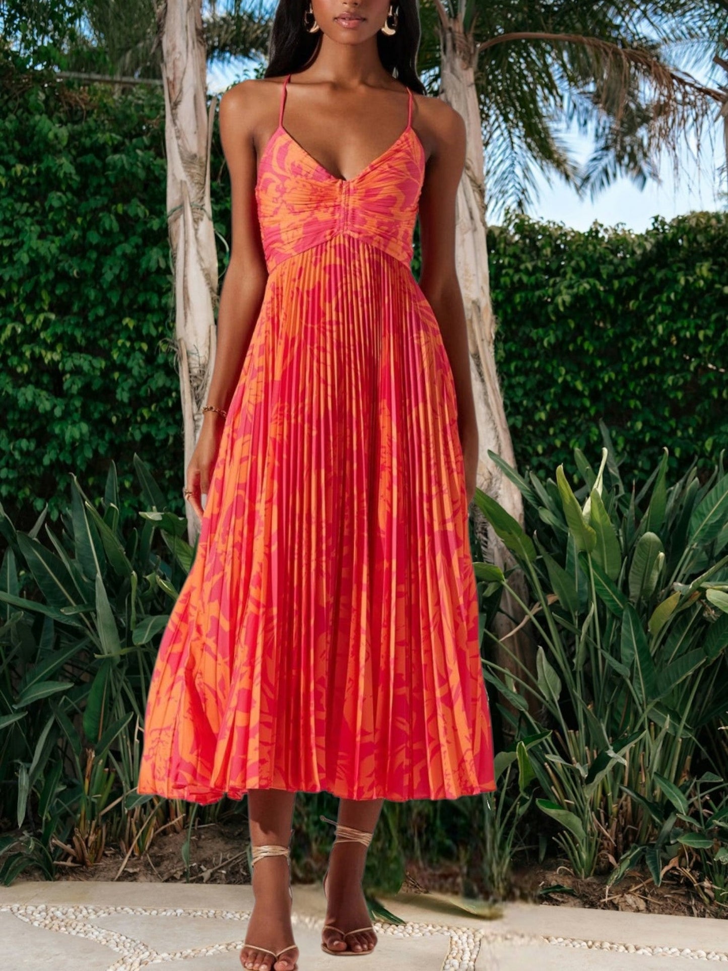 CD | Rochie midi elegantă pentru femei cu imprimeu floral, pliuri și țesătură respirabilă