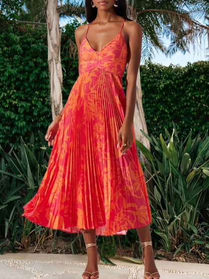 CD | Rochie midi elegantă pentru femei cu imprimeu floral, pliuri și țesătură respirabilă