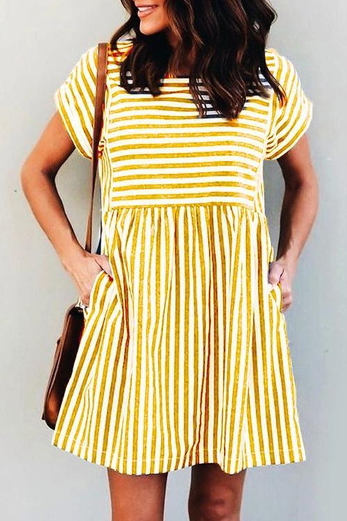 CD | Stripe cu mânecă scurtă pocekts rochie mini