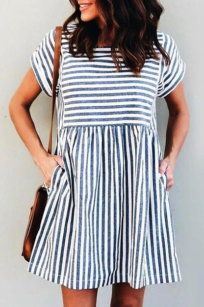 CD | Stripe cu mânecă scurtă pocekts rochie mini