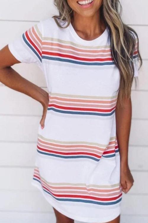 CD | Stripe O Neck mini rochie cu mânecă scurtă