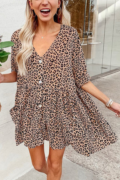 CD | Rochie mini leopard încrețită cu nasturi