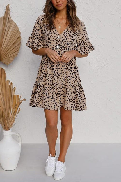CD | Rochie mini leopard încrețită cu nasturi