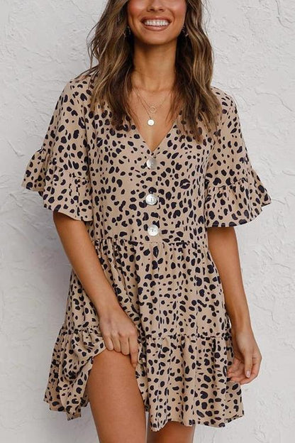CD | Rochie mini leopard încrețită cu nasturi