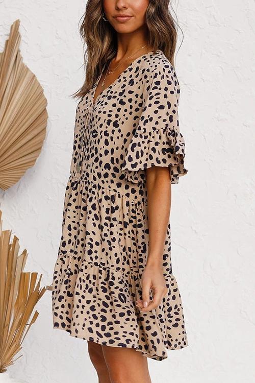 CD | Rochie mini leopard încrețită cu nasturi