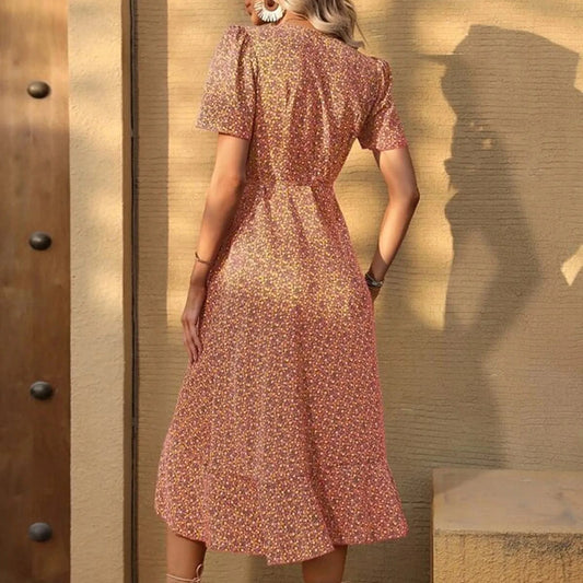 CD | 2024 Rochie midi florală elegantă în formă de H cu mâneci bufante și decolteu în V