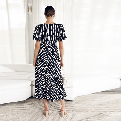 CD | 2024 Rochie midi elegantă cu imprimeu boho cu dungi și decolteu în V și mânecă bufantă