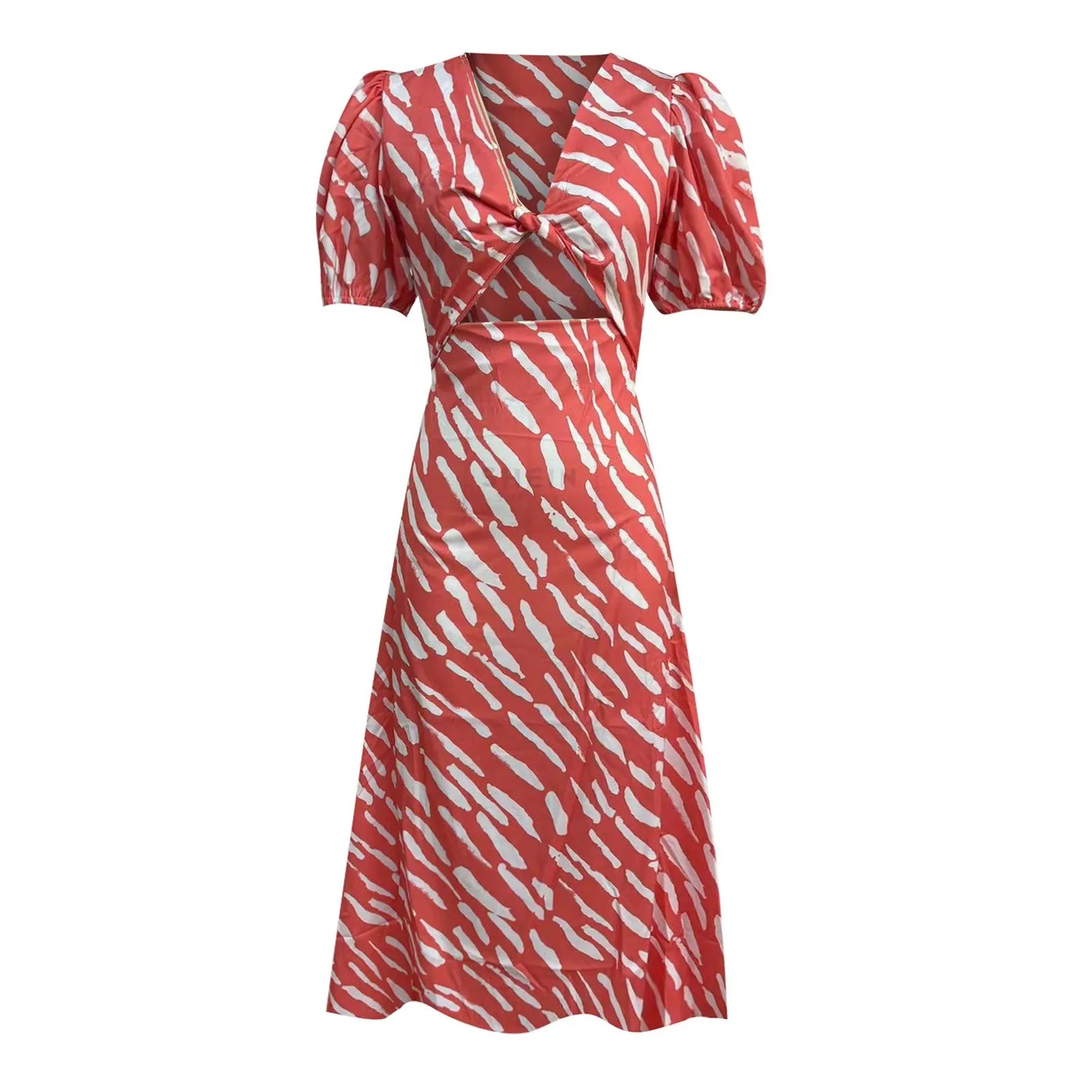 CD | 2024 Rochie midi elegantă cu imprimeu boho cu dungi și decolteu în V și mânecă bufantă