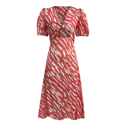 CD | 2024 Rochie midi elegantă cu imprimeu boho cu dungi și decolteu în V și mânecă bufantă