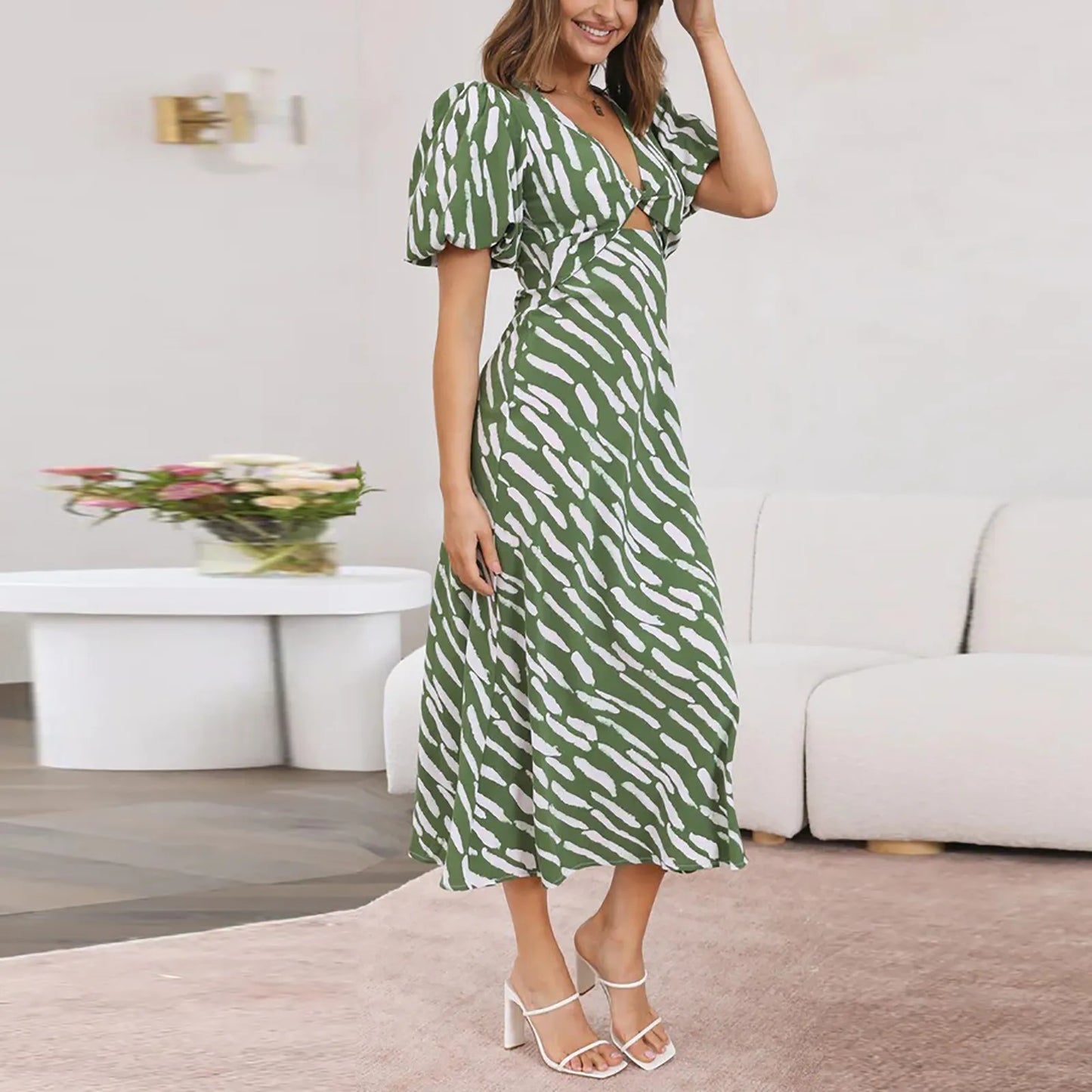 CD | 2024 Rochie midi elegantă cu imprimeu boho cu dungi și decolteu în V și mânecă bufantă