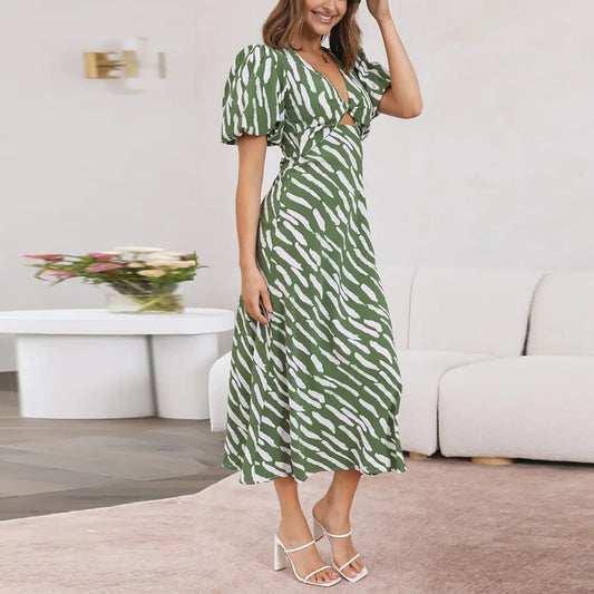 CD | 2024 Rochie midi elegantă cu imprimeu boho cu dungi și decolteu în V și mânecă bufantă