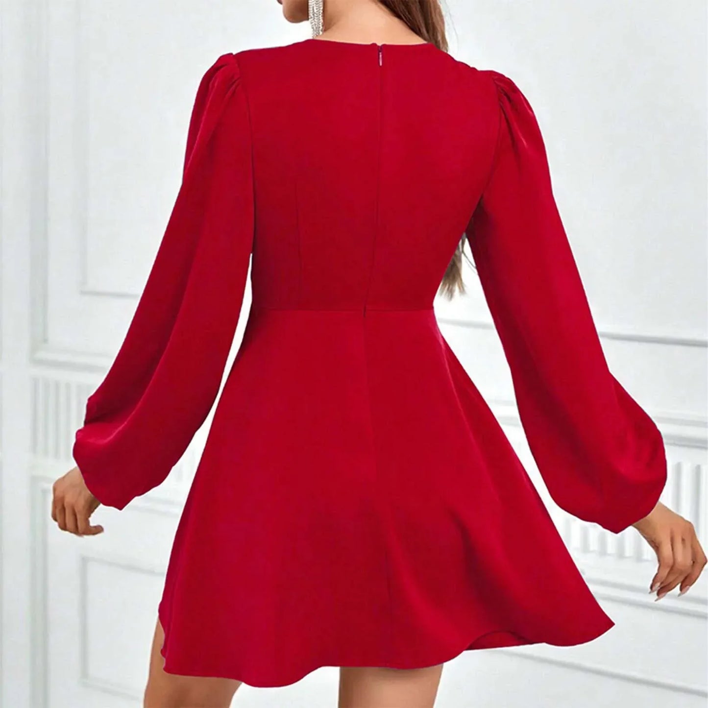 CD | 2024 Rochie midi elegantă de culoare roșie solidă golită în talie cu mânecă bule