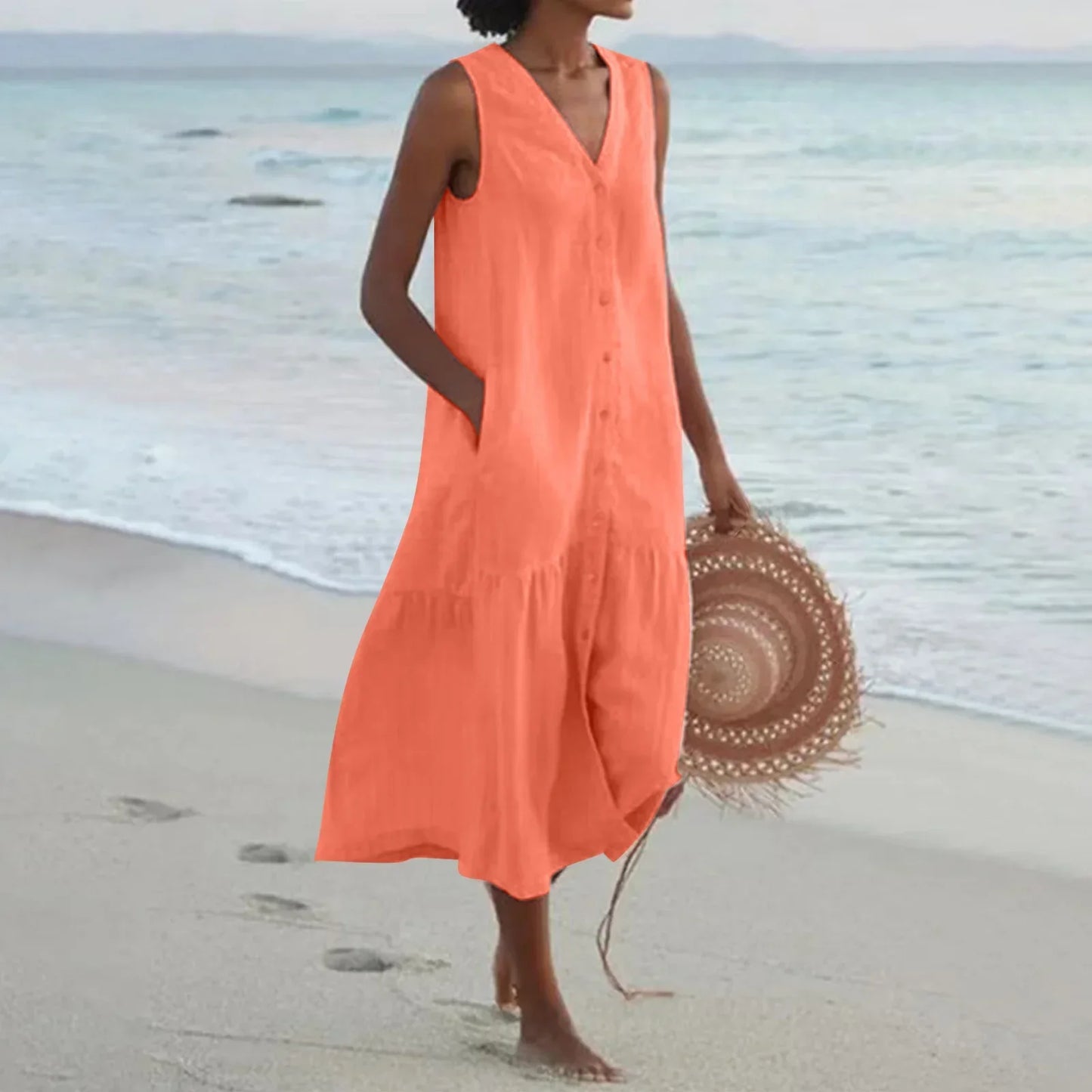CD | 2024 Elegant solid cămașă de vară fără mâneci V-Neck Harajuku Maxi Dress