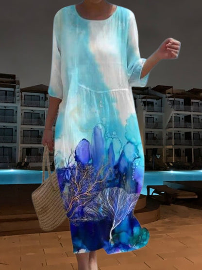 CD | Rochie midi elegantă din material ușor, fluid, mâneci 3/4 cu imprimeu floral