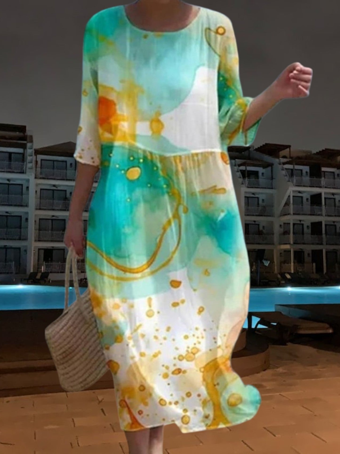 CD | Rochie midi elegantă din material ușor, fluid, mâneci 3/4 cu imprimeu floral