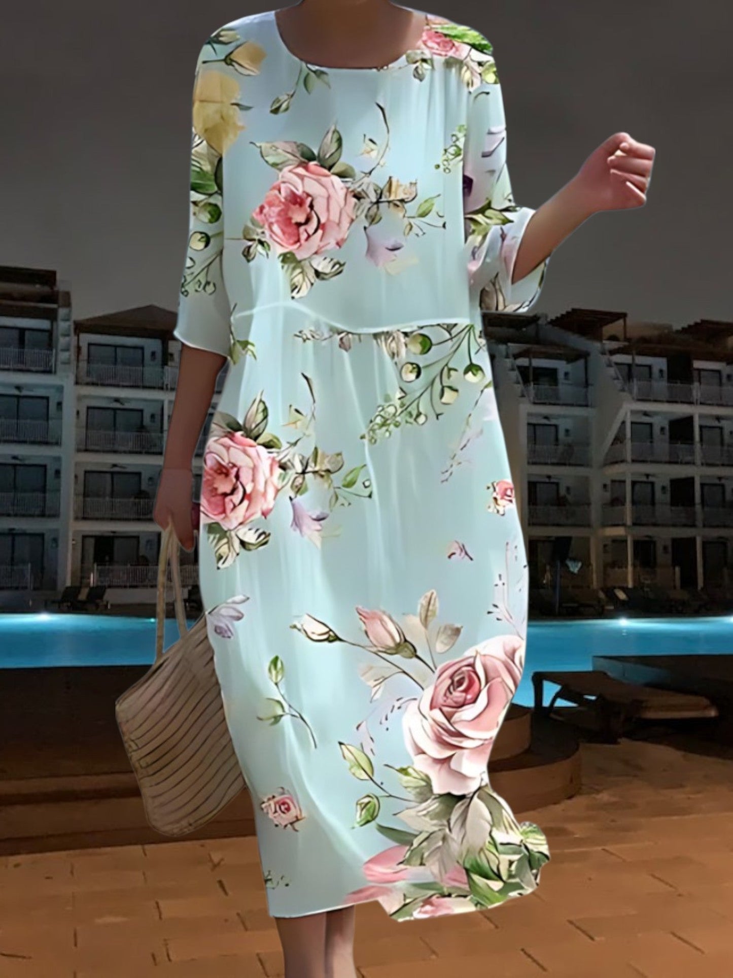 CD | Rochie midi elegantă din material ușor, fluid, mâneci 3/4 cu imprimeu floral