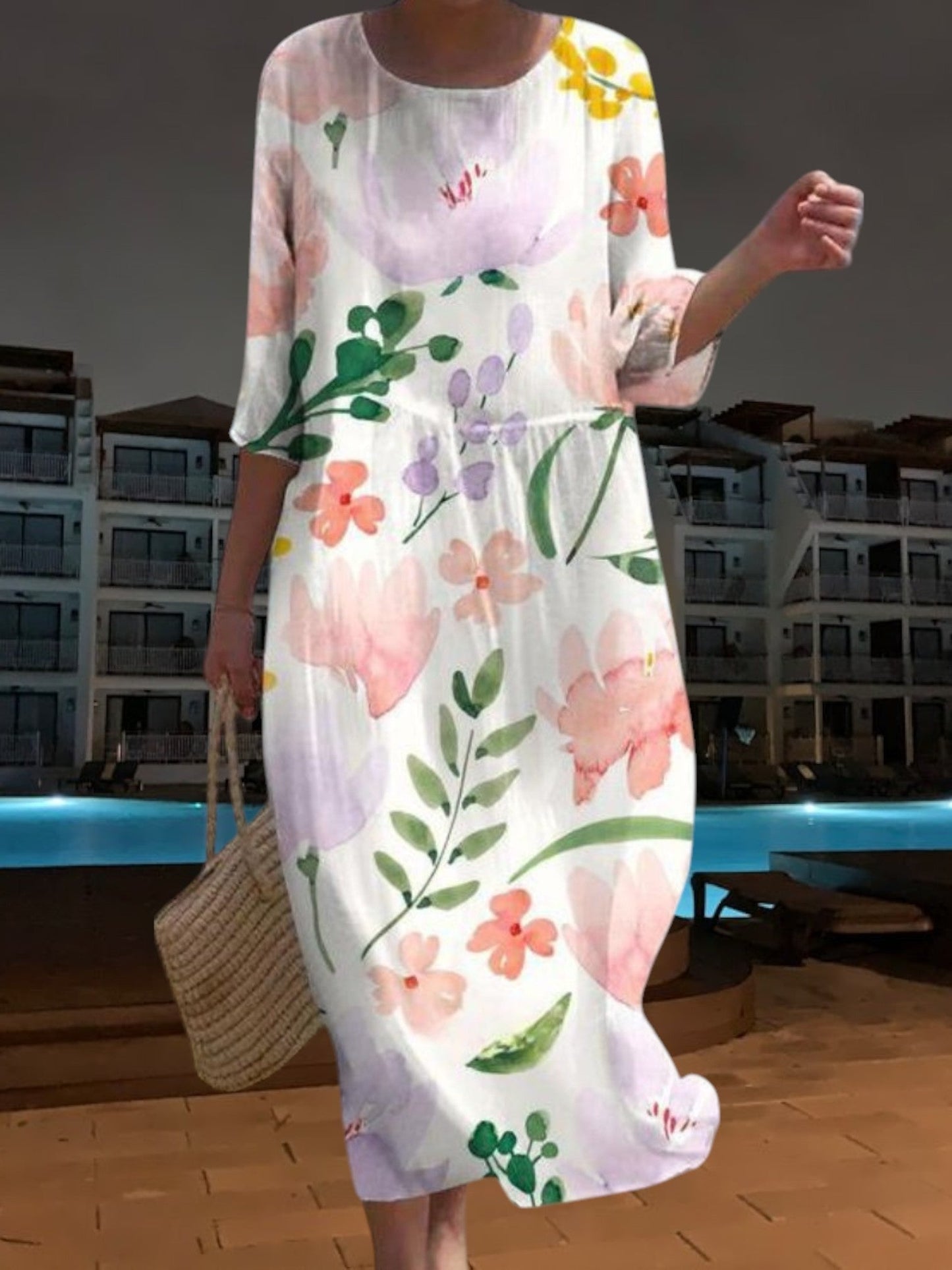 CD | Rochie midi elegantă din material ușor, fluid, mâneci 3/4 cu imprimeu floral