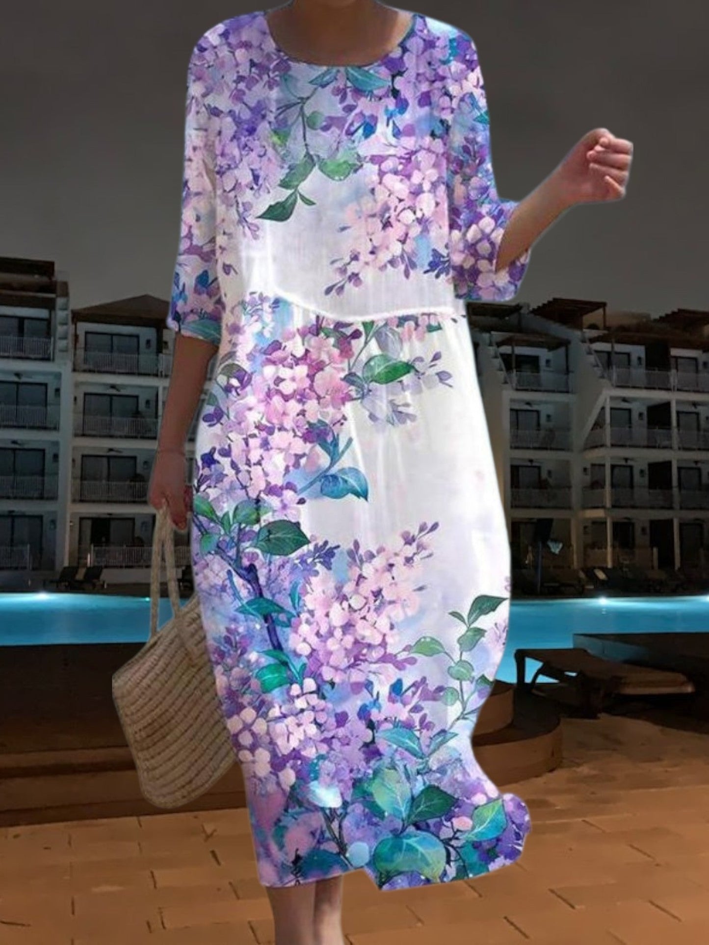 CD | Rochie midi elegantă din material ușor, fluid, mâneci 3/4 cu imprimeu floral