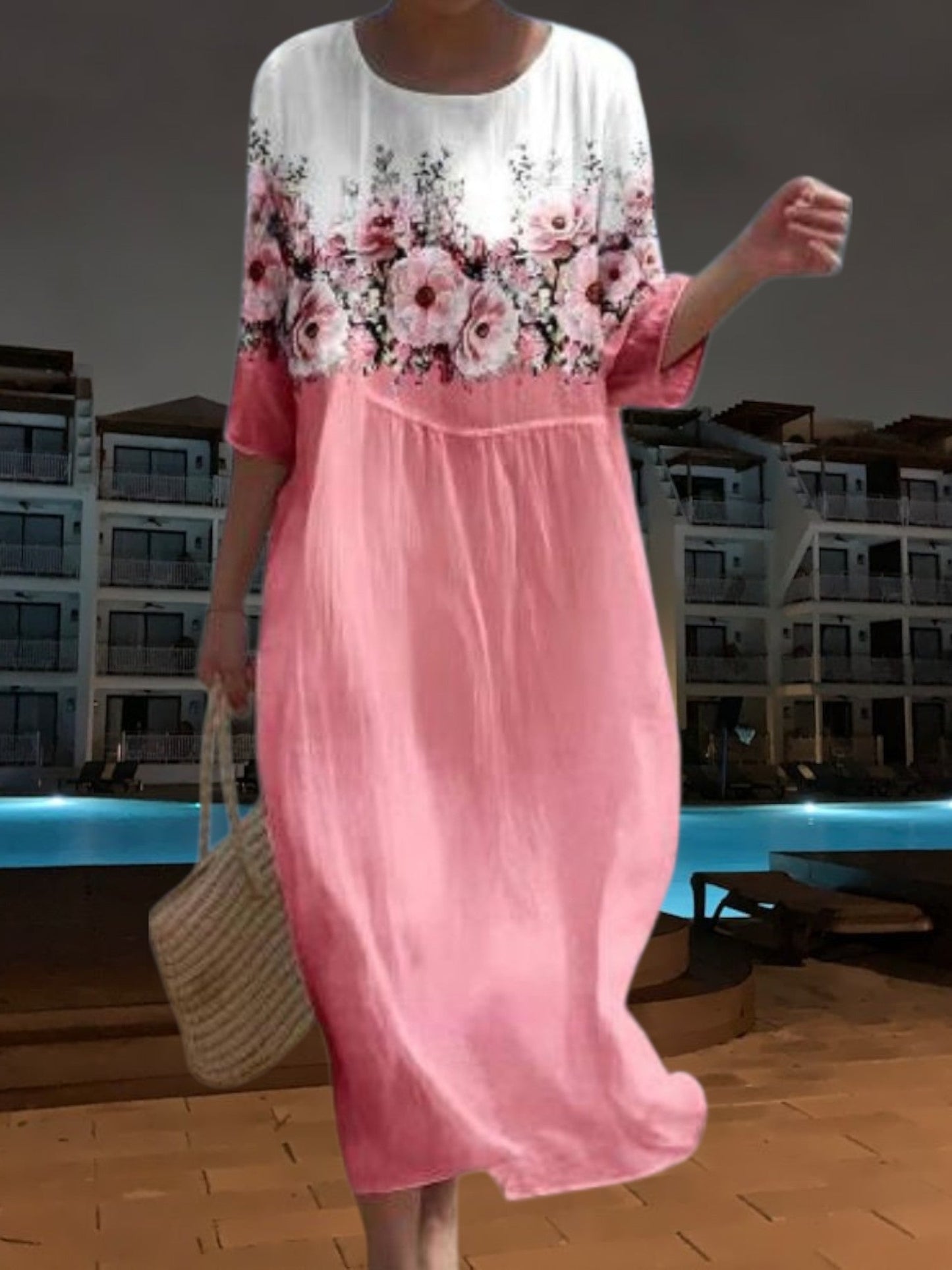 CD | Rochie midi elegantă din material ușor, fluid, mâneci 3/4 cu imprimeu floral