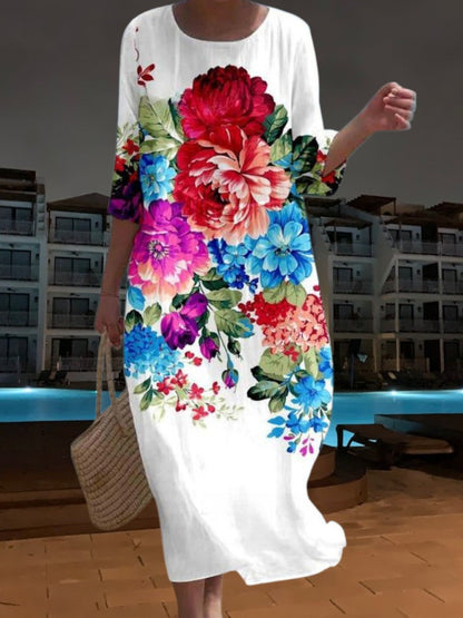 CD | Rochie midi elegantă din material ușor, fluid, mâneci 3/4 cu imprimeu floral