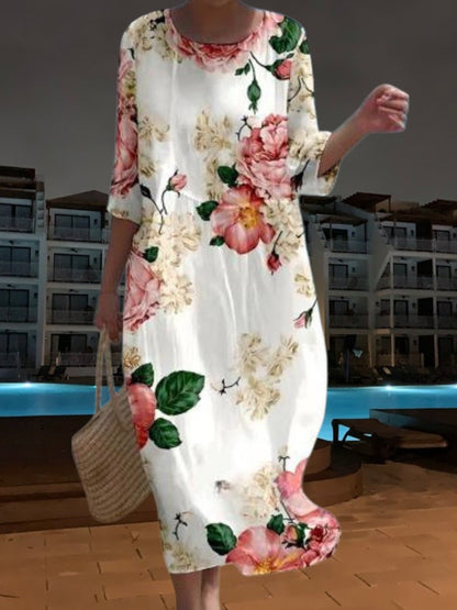 CD | Rochie midi elegantă din material ușor, fluid, mâneci 3/4 cu imprimeu floral
