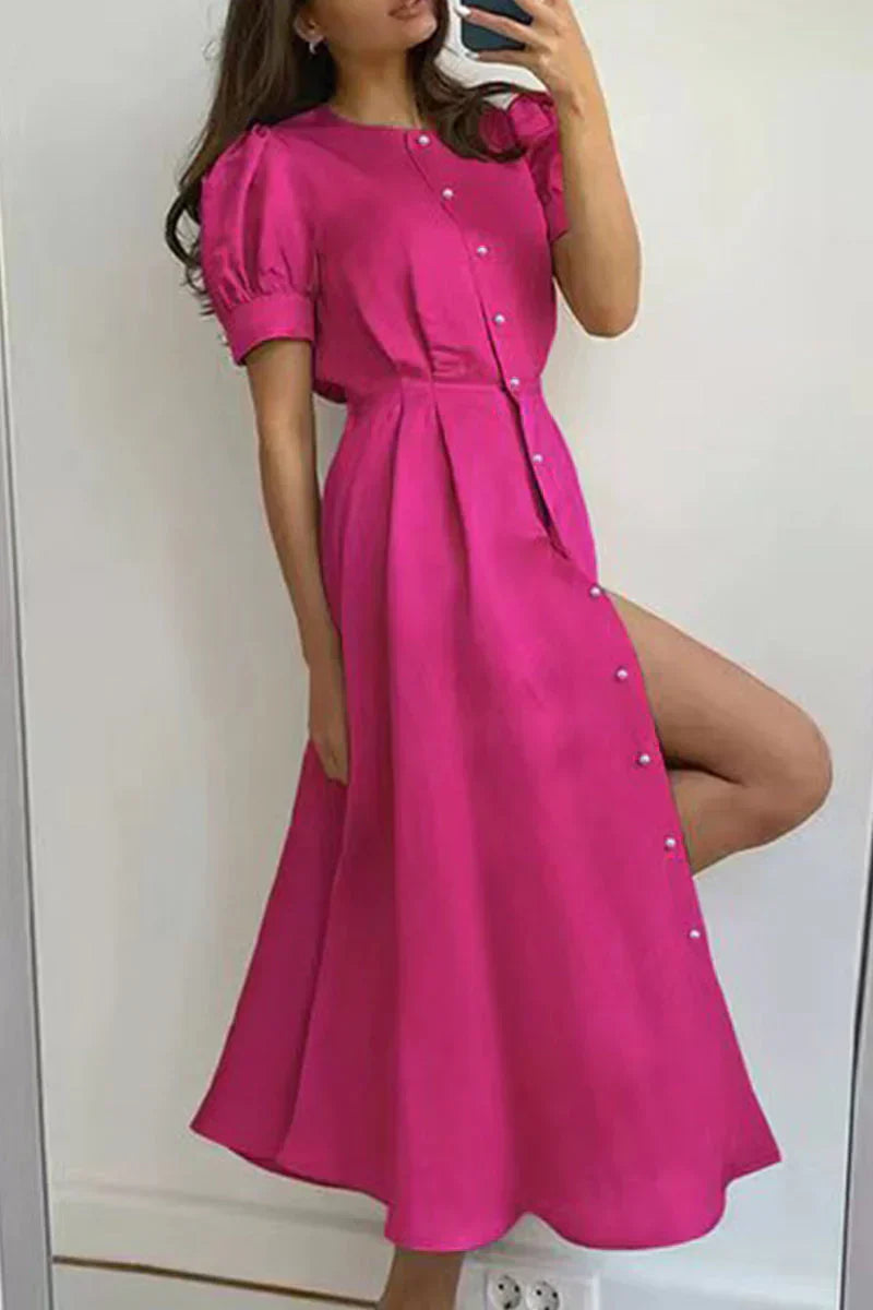 CD | Rochie elegantă O-neck a line cu mâneci scurte și închidere cu cataramă.