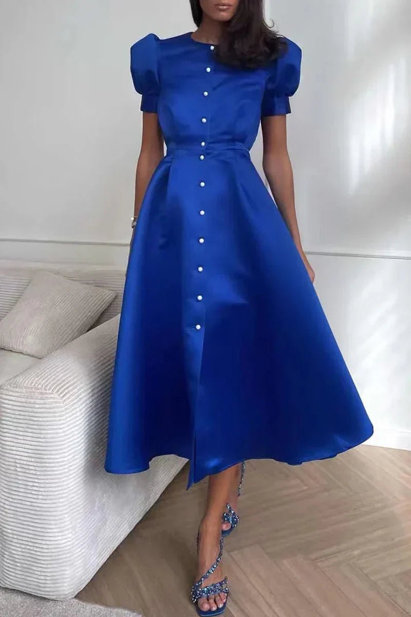 CD | Rochie elegantă O-neck a line cu mâneci scurte și închidere cu cataramă.
