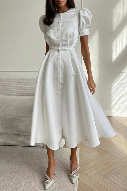 CD | Rochie elegantă O-neck a line cu mâneci scurte și închidere cu cataramă.