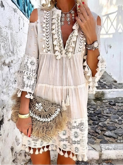 CD | Moda V-neck dantelă franjuri mini rochie