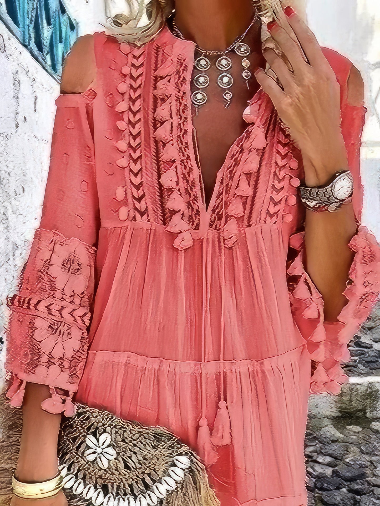 CD | Moda V-neck dantelă franjuri mini rochie