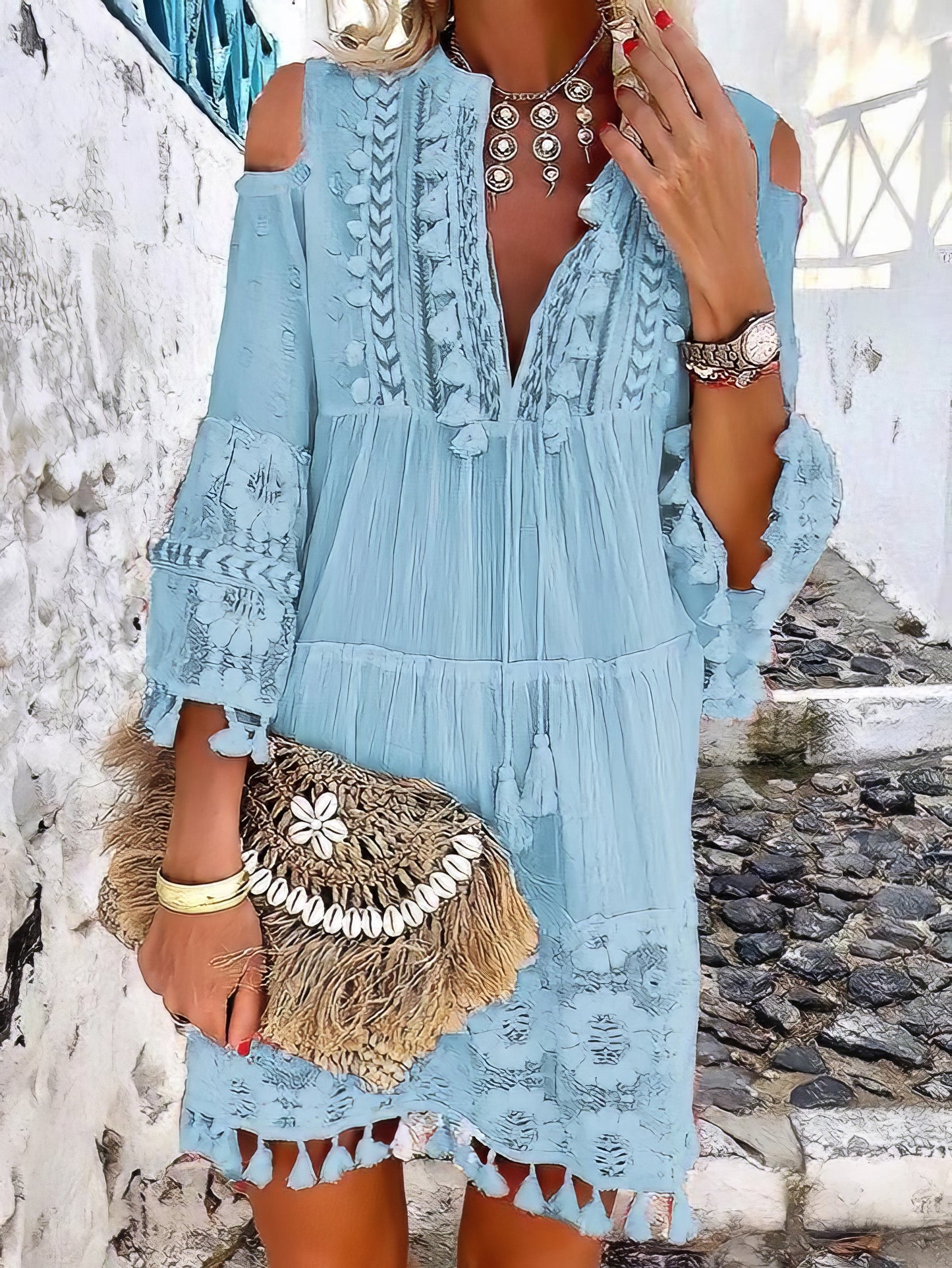 CD | Moda V-neck dantelă franjuri mini rochie