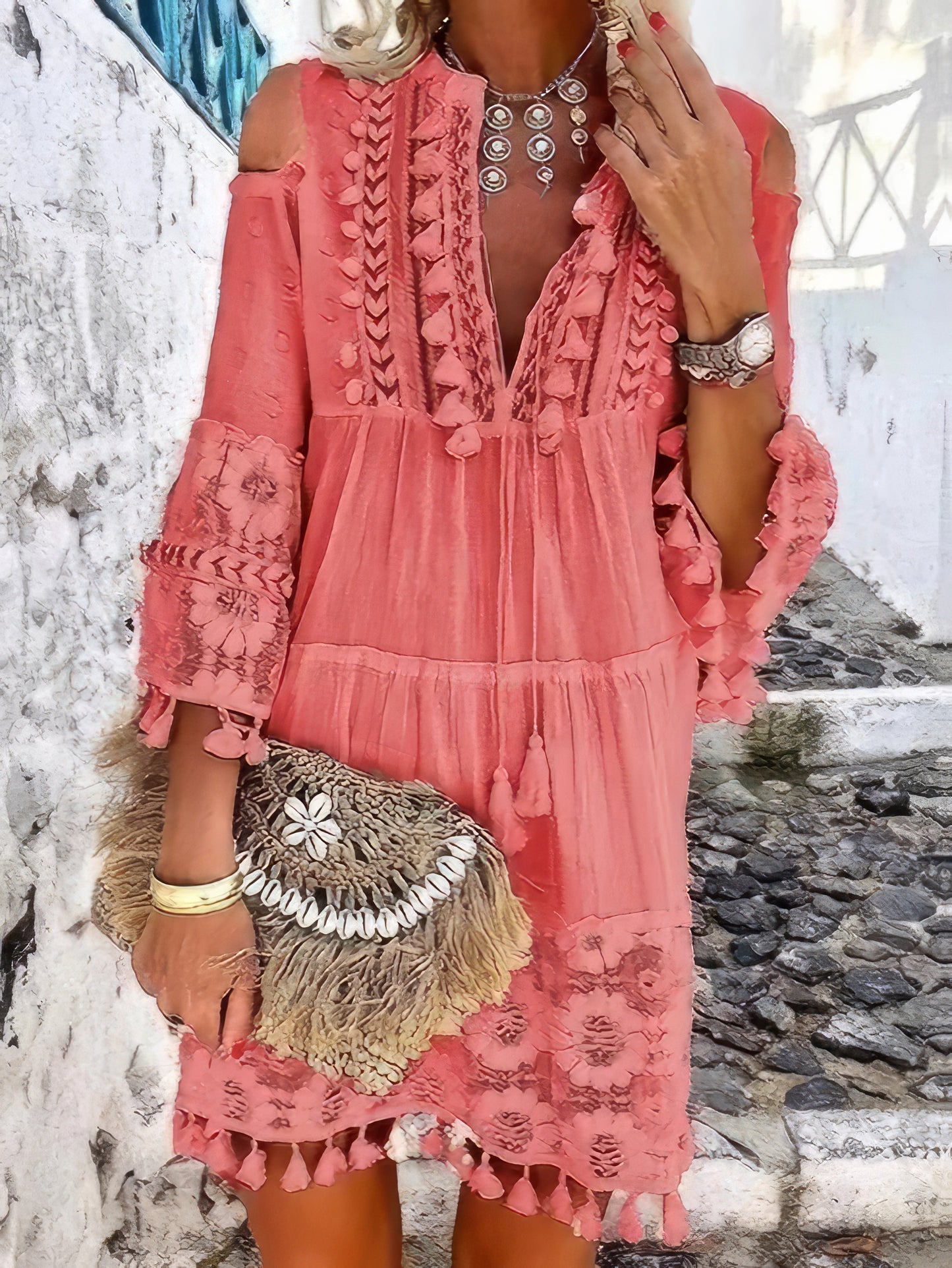 CD | Moda V-neck dantelă franjuri mini rochie