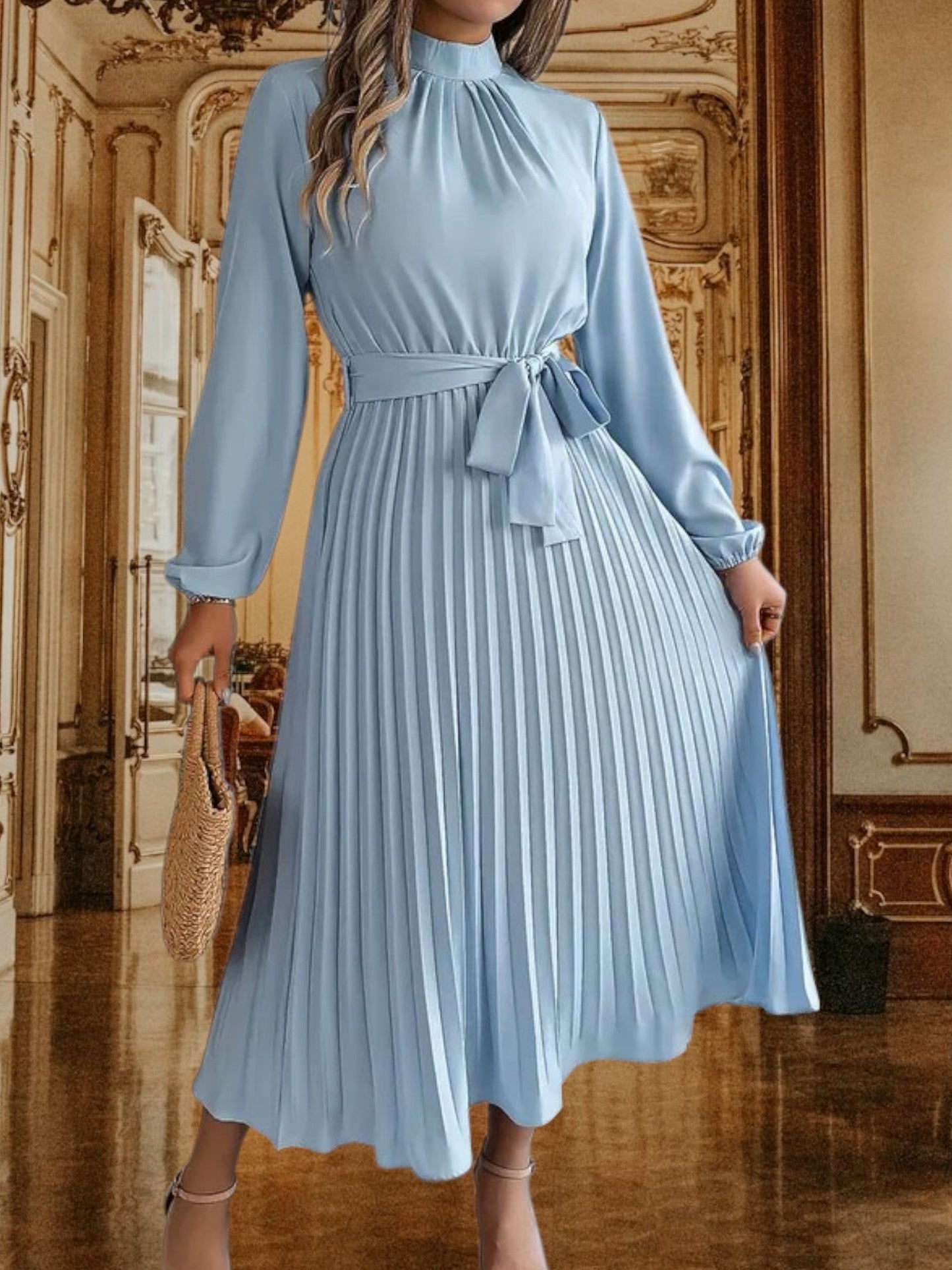 CD | Rochie midi plisată cu curea în talie și mâneci lungi