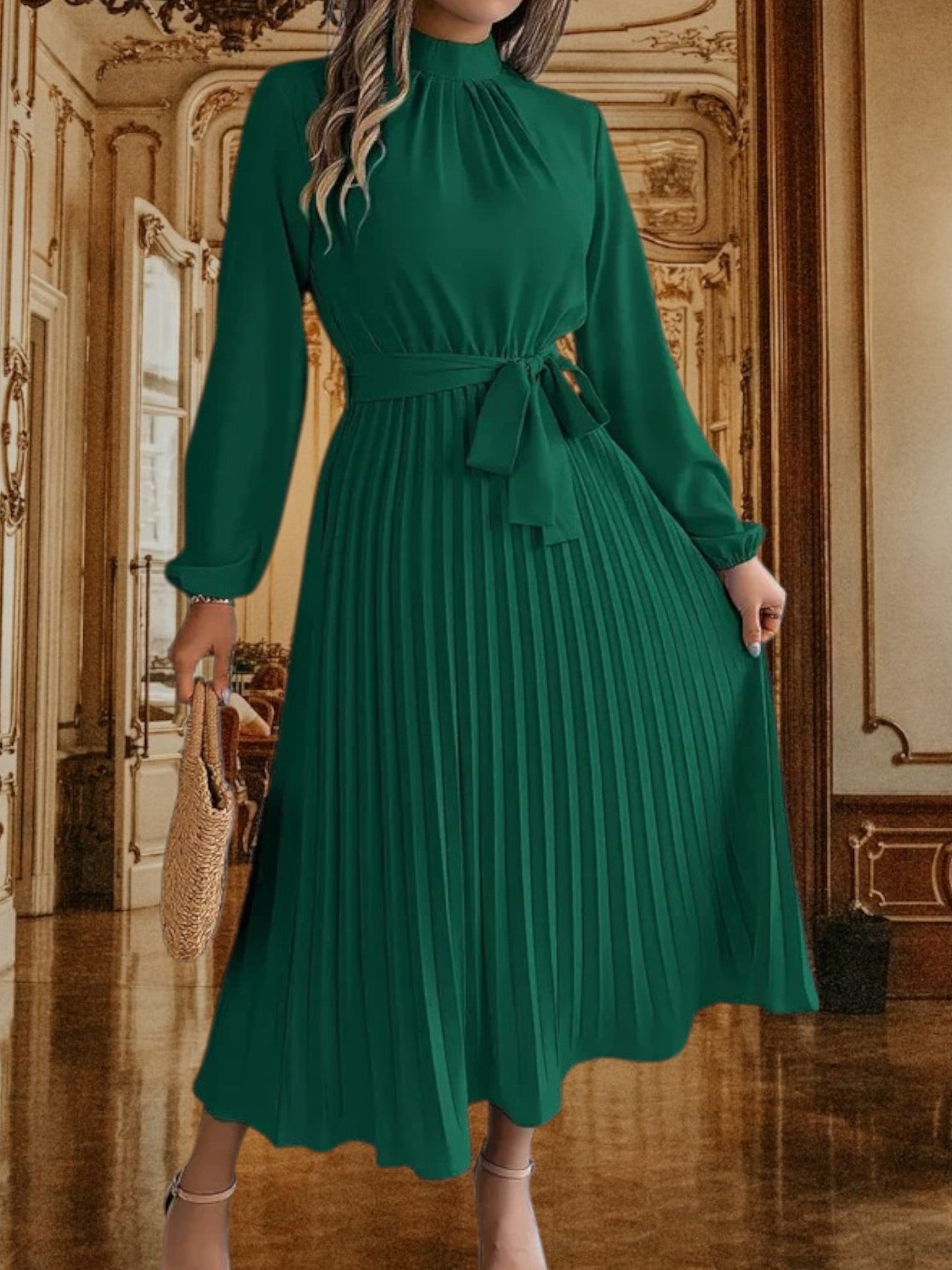 CD | Rochie midi plisată cu curea în talie și mâneci lungi