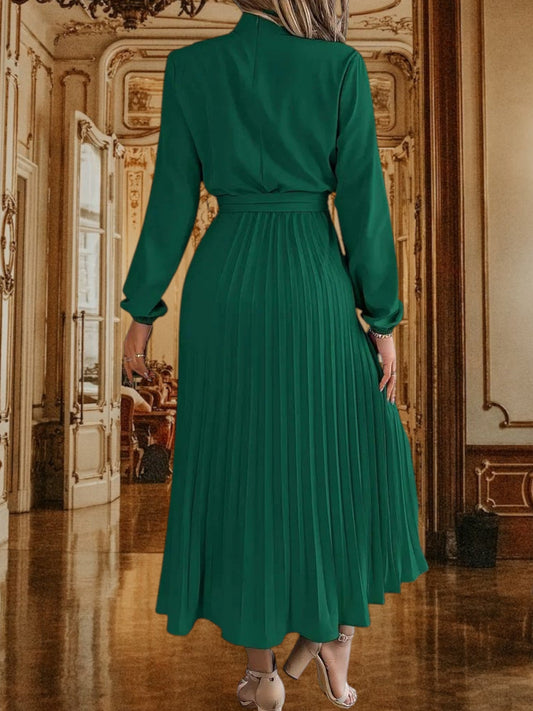 CD | Rochie midi plisată cu curea în talie și mâneci lungi