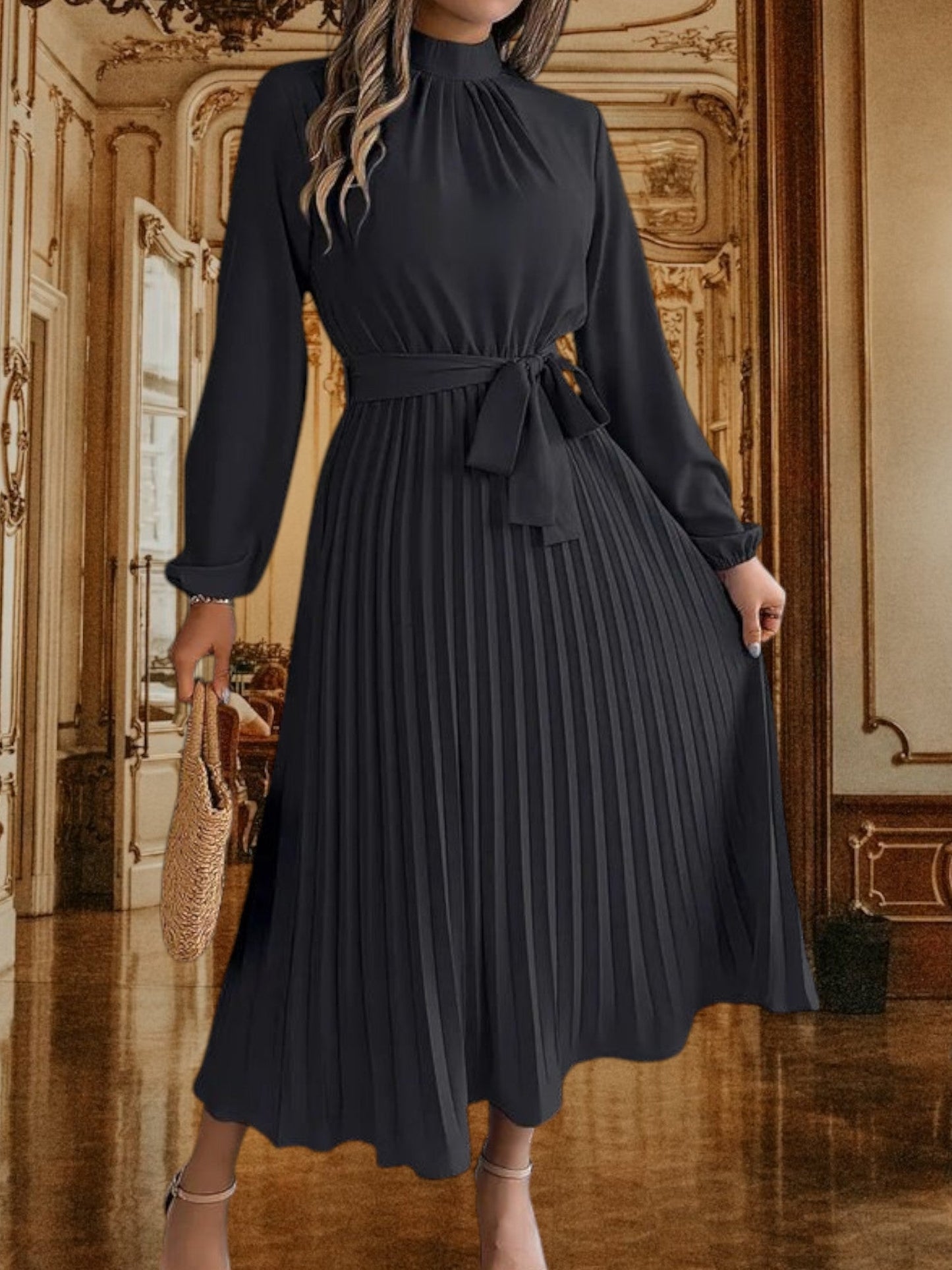 CD | Rochie midi plisată cu curea în talie și mâneci lungi