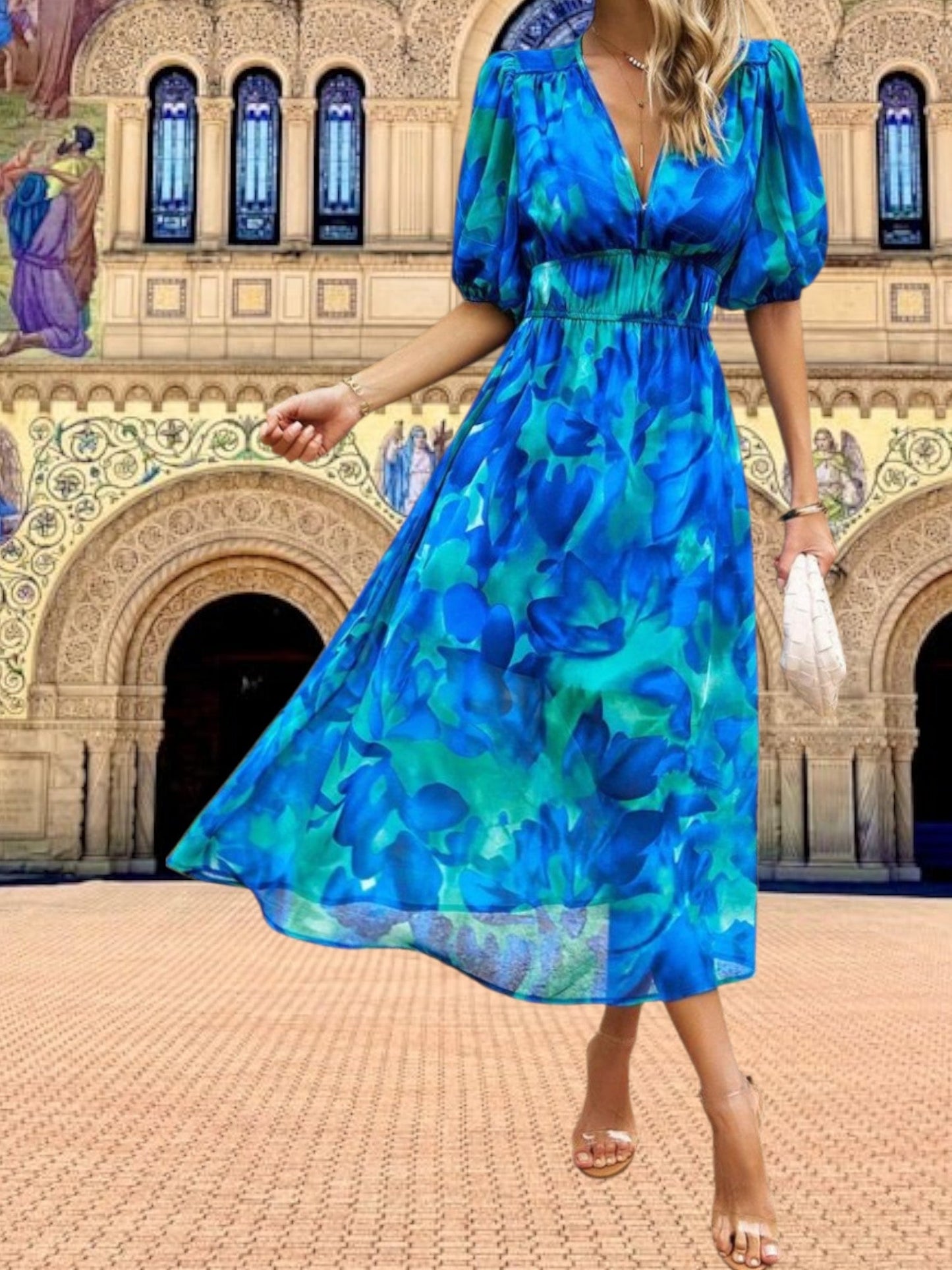 CD | Rochie midi din flori cu mâneci bufante