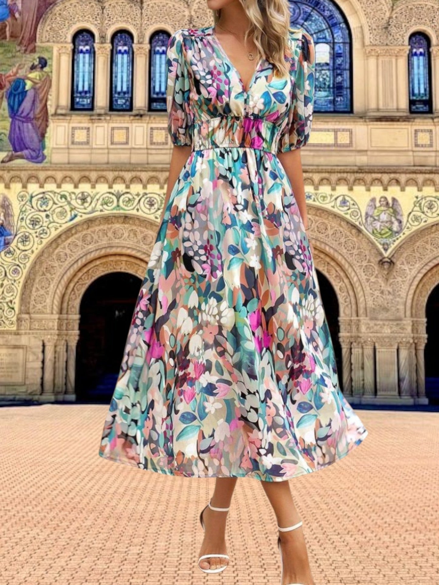 CD | Rochie midi din flori cu mâneci bufante