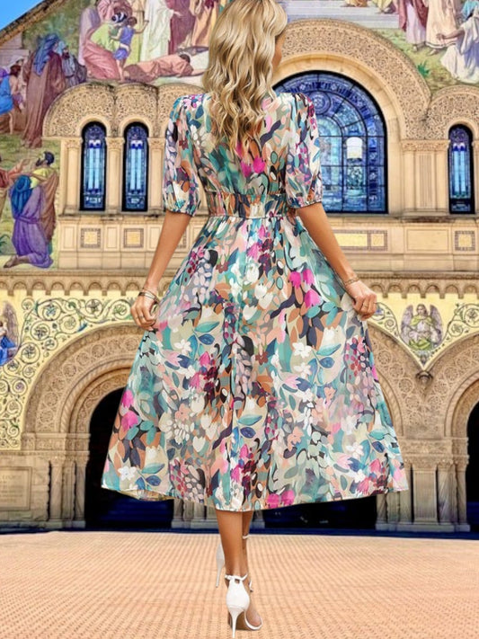 CD | Rochie midi din flori cu mâneci bufante